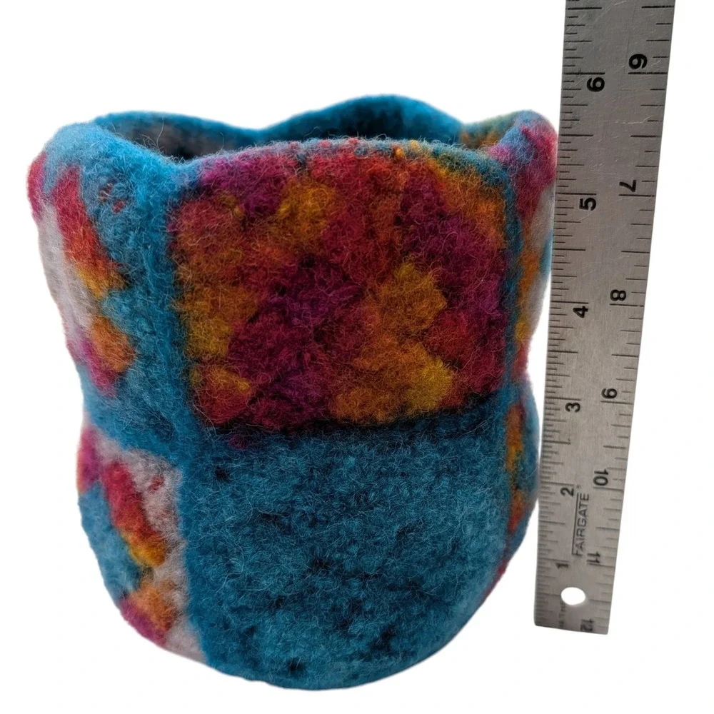 Vintage Handmade Felted Basket Crocheted Turquoise Round Granny Square Wool